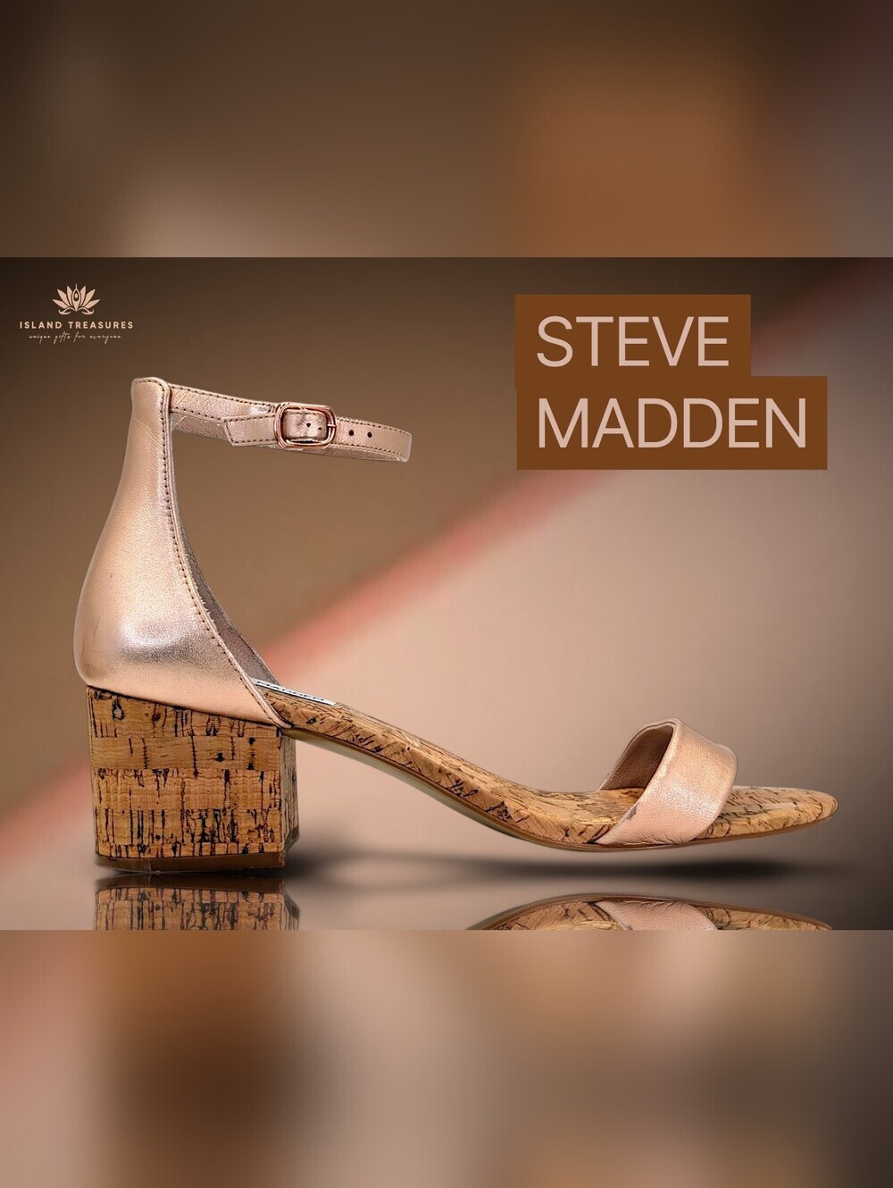 Steve Madden Size 9M Metallic Rose Gold Leather Cork Block Heel Cushion Insole